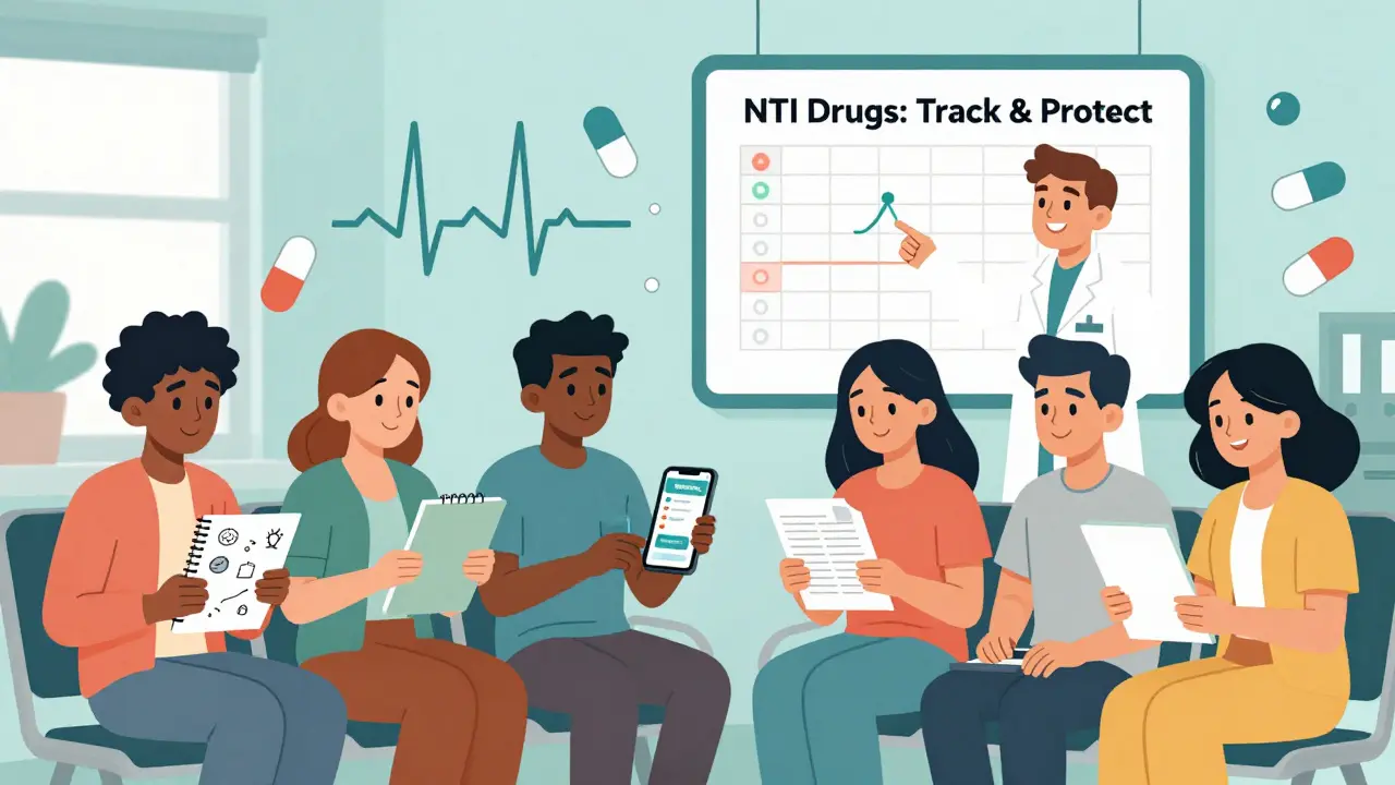 Diverse people in clinic holding medication journals while pharmacist points to NTI drug chart.