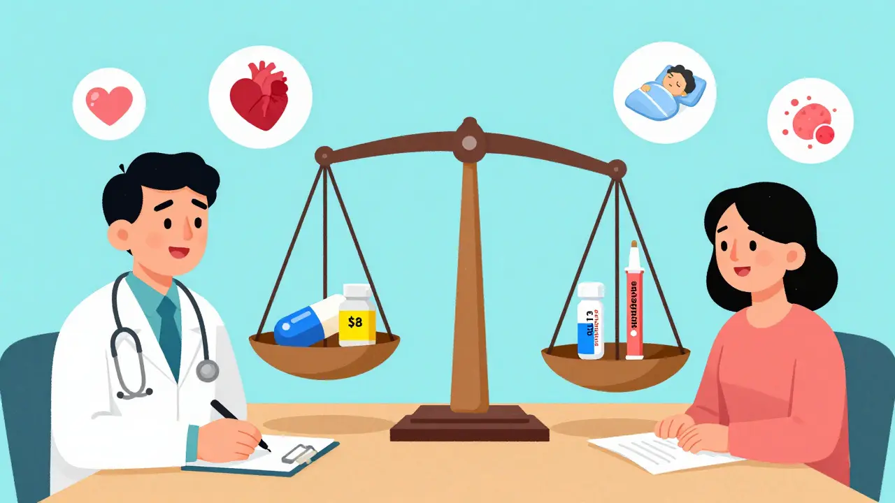 Doctor and patient comparing cheap diabetes pill to expensive alternatives on a balance scale.