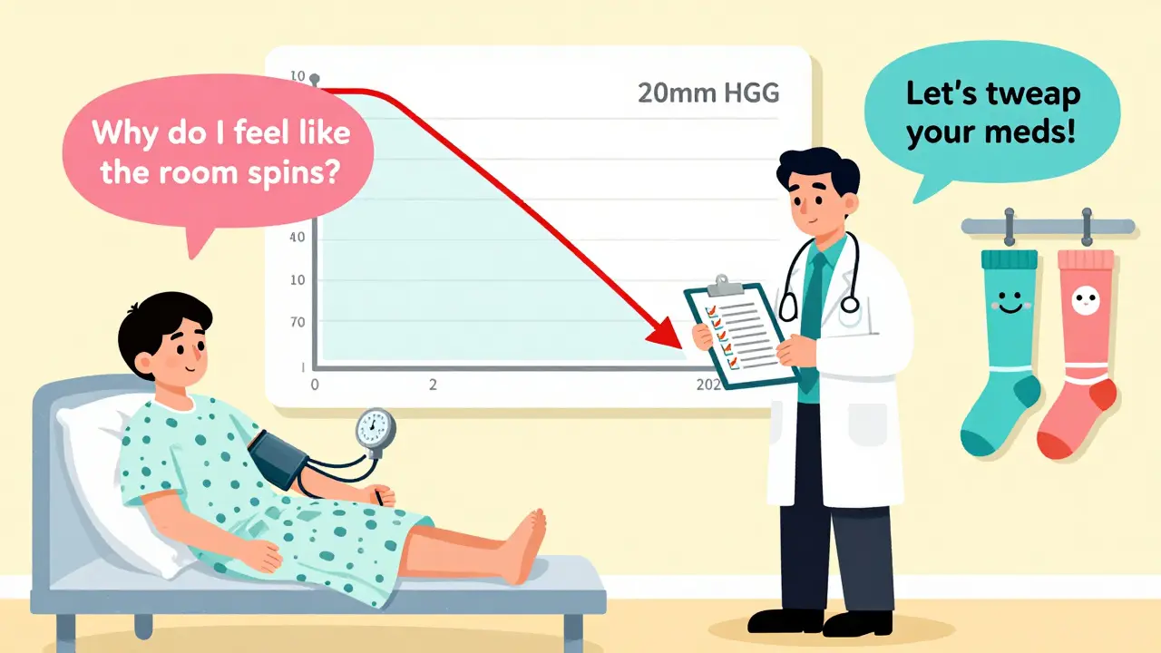 Doctor checking blood pressure of patient in lying and standing positions, with medication checklist and compression stockings visible.