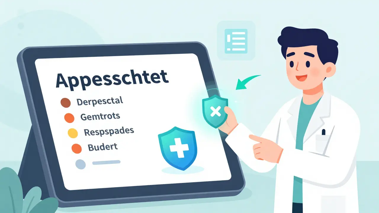 Doctor sends clean digital prescription to pharmacy via glowing tablet with safety alerts.