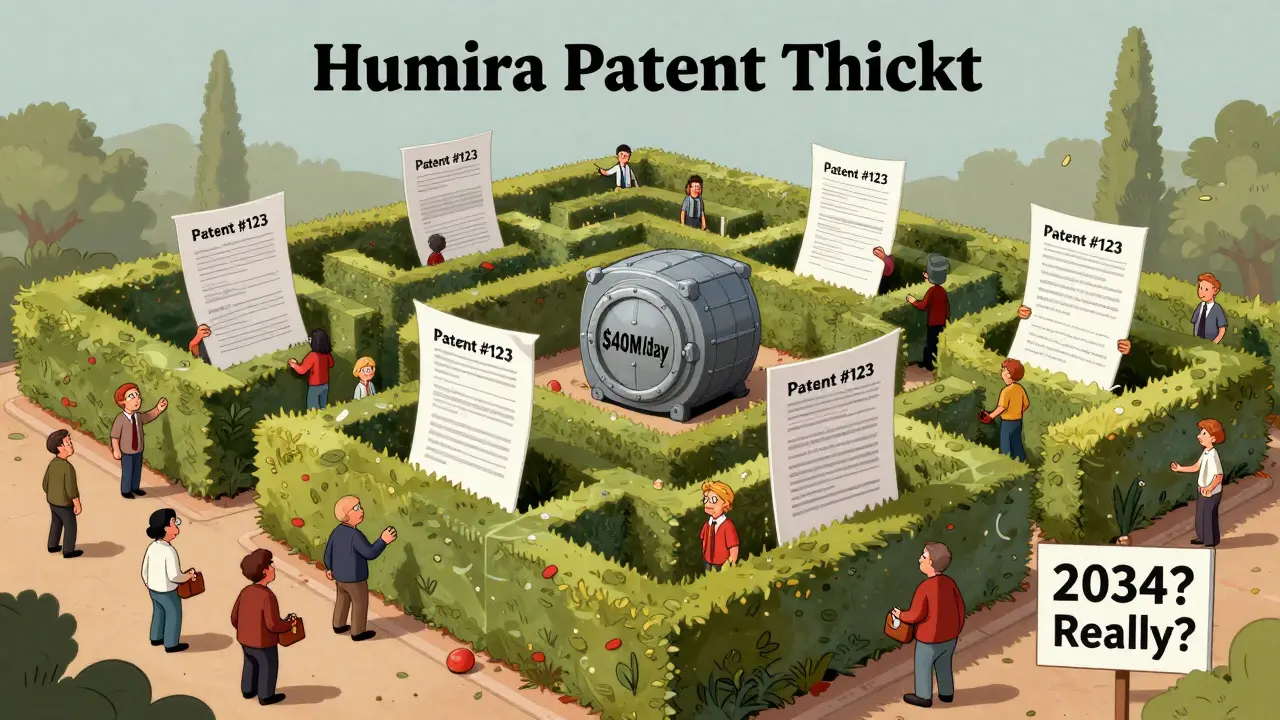 Generic drug companies lost in a maze of patents leading to a vault labeled 'M/day'.