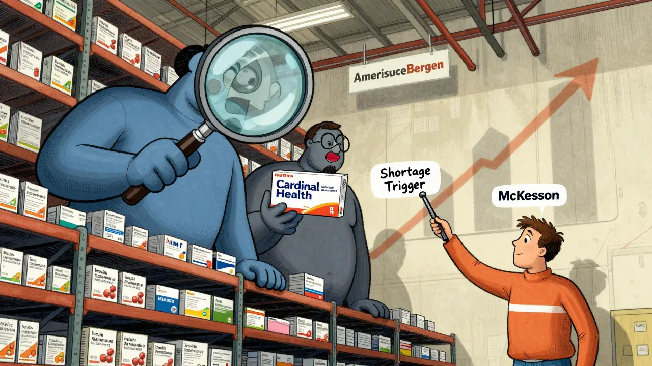 Giant wholesalers loom over pill shelves, pulling a 'Shortage Trigger' lever in a surreal warehouse.