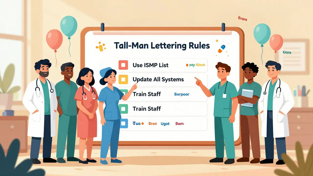 Healthcare team reviewing a colorful checklist for implementing tall-man lettering with floating drug name balloons.