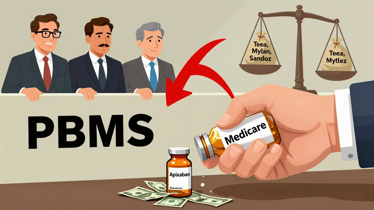 Medicare hand squeezing a drug bottle as corporate executives watch, money flowing out.