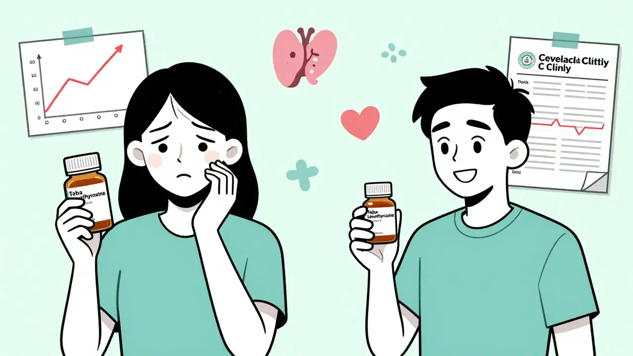 Patient comparing unstable and stable thyroid levels after switching generic medications.