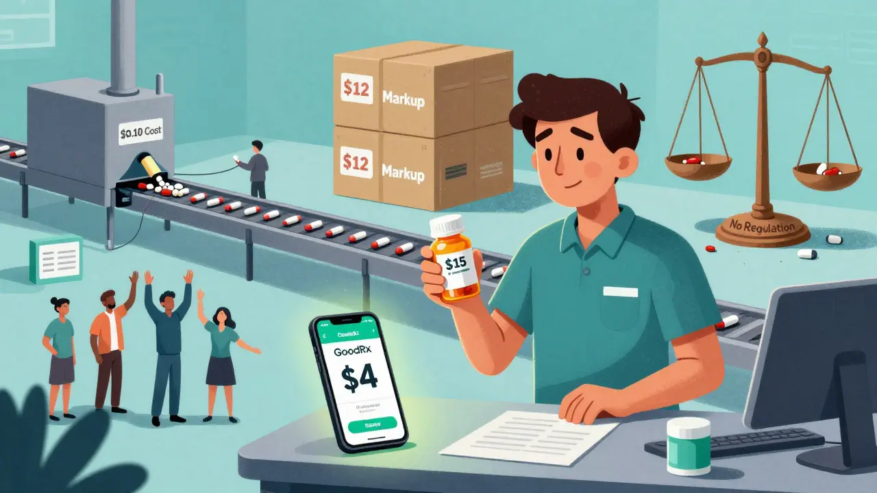 Patient pays  for a pill while shadowy system marks up cost from <h2>The Hidden Cost of Volume</h2>.10, GoodRx app shows  price.