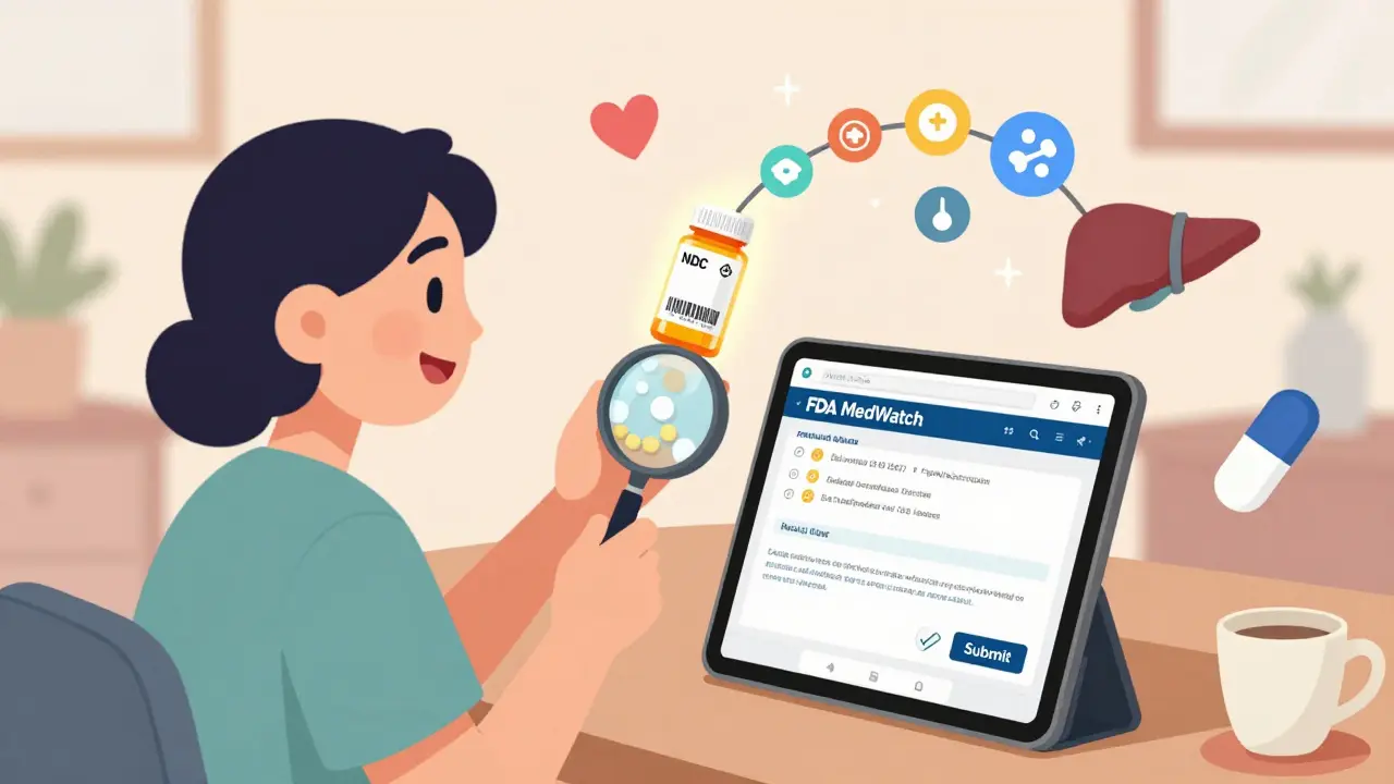 Patient submitting a generic drug reaction report online using a tablet with glowing NDC code.