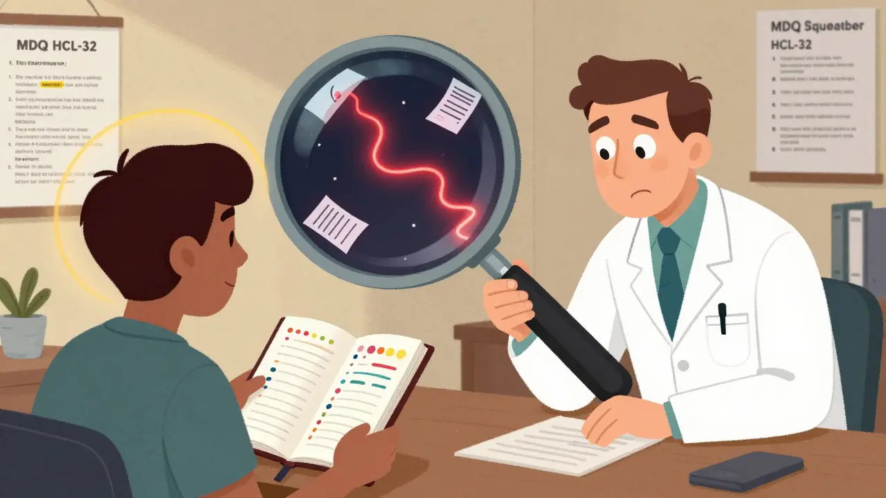 Patient with mood journal in psychiatrist's office, magnifying glass revealing hidden manic episodes, stylized emotional halos.