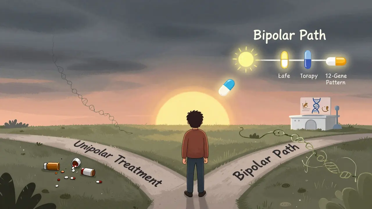 Person at crossroads: one path leads to broken pills, the other to sunrise, medication, and sleep icons with glowing mood stabilizers.