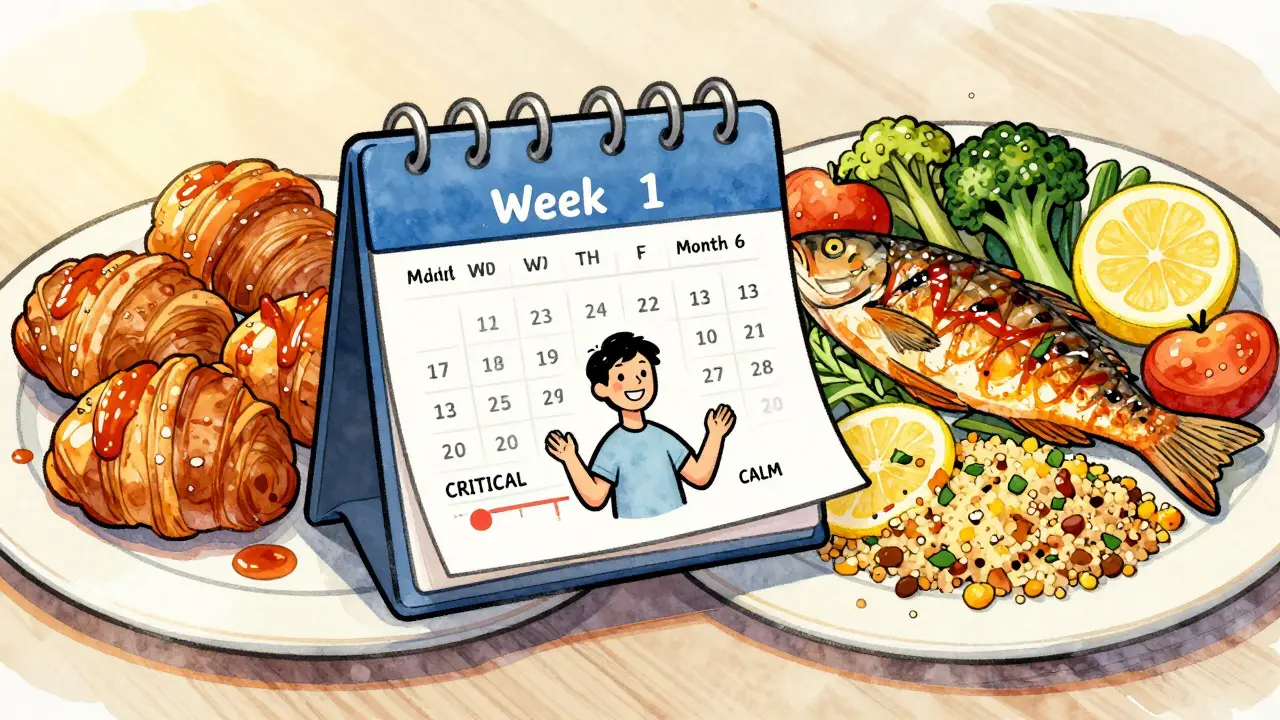 Person smiling as their vertigo improves over time, comparing a high-sodium meal with a healthy low-sodium meal.
