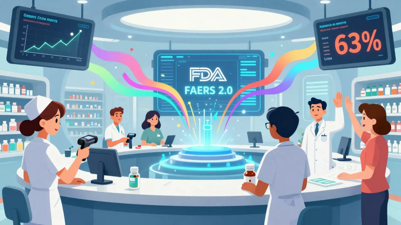 Pharmacy staff scanning pill bottles with barcode readers, triggering rising safety data on digital screens.