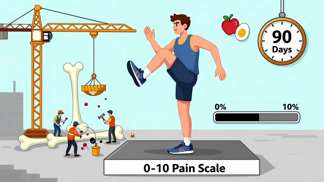 Runner doing heel raises as a tiny bone rebuilds like a construction site with progress bar.