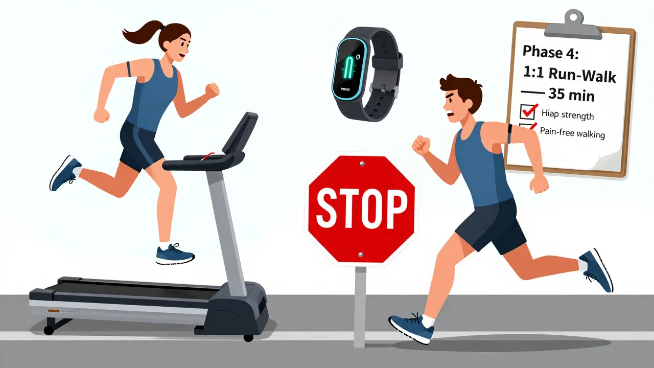 Runner on anti-gravity treadmill floating above ground while another is stopped by a red STOP sign.