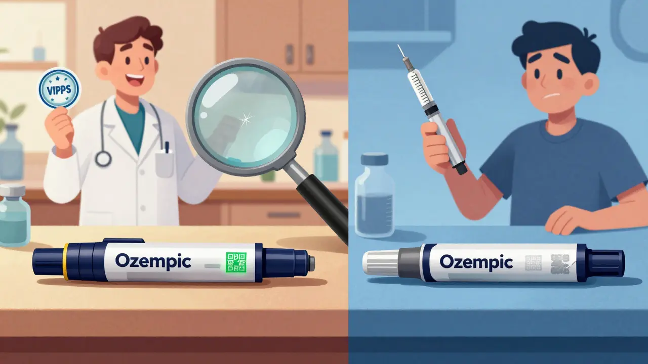 Side-by-side comparison of a real and counterfeit Ozempic pen with a magnifying glass revealing differences.