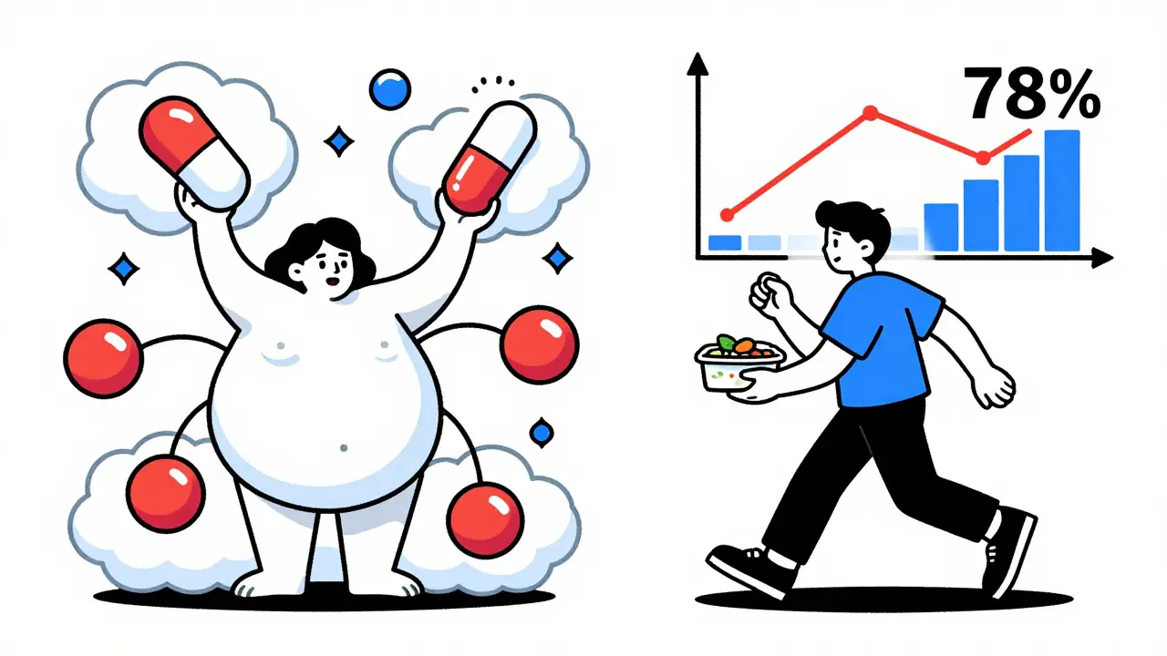 Split cartoon scene showing weight gain vs. weight loss strategies for sulfonylurea users.