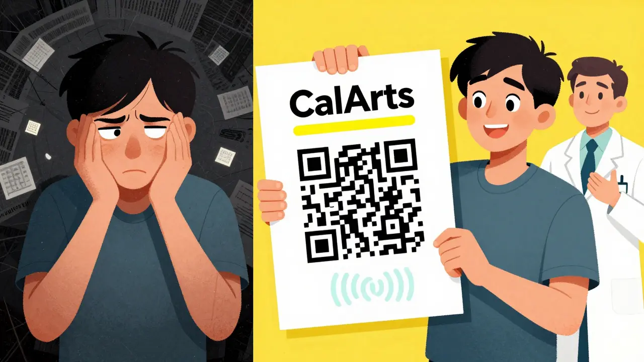 Split image: left shows blurry small text causing confusion, right shows large clear label and happy person with pharmacist.