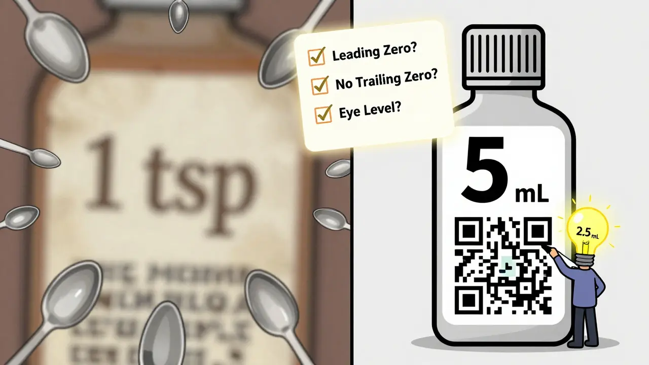Split-screen: outdated teaspoon label vs modern mL label with QR code, checklist glowing above.