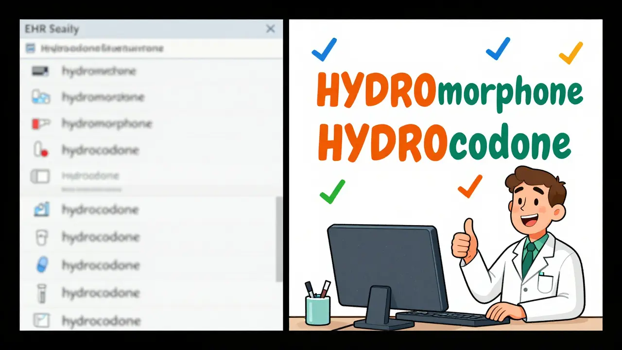 Split-screen showing chaotic lowercase drug names vs. clearly capitalized tall-man lettering on an EHR screen.