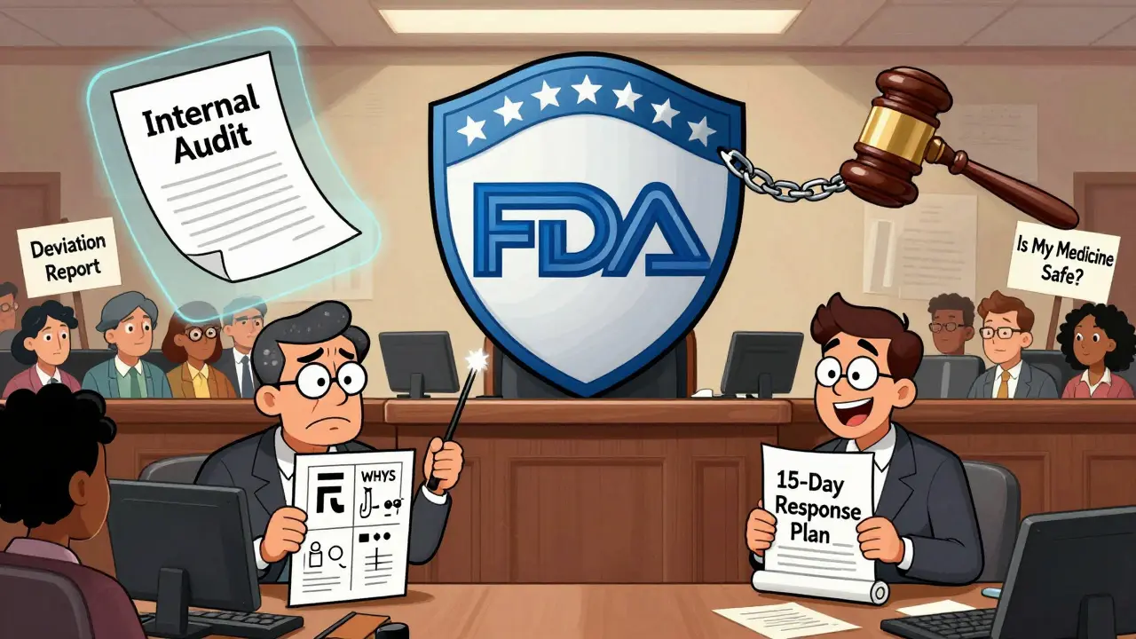 Surreal courtroom with protected and exposed records, a manager using a 5 Whys diagram, and patients asking if medicine is safe.