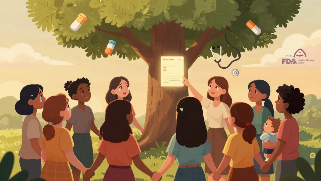 A circle of diverse women holding hands under a tree with pill-shaped leaves, one holding a baby, symbolizing community and safety.