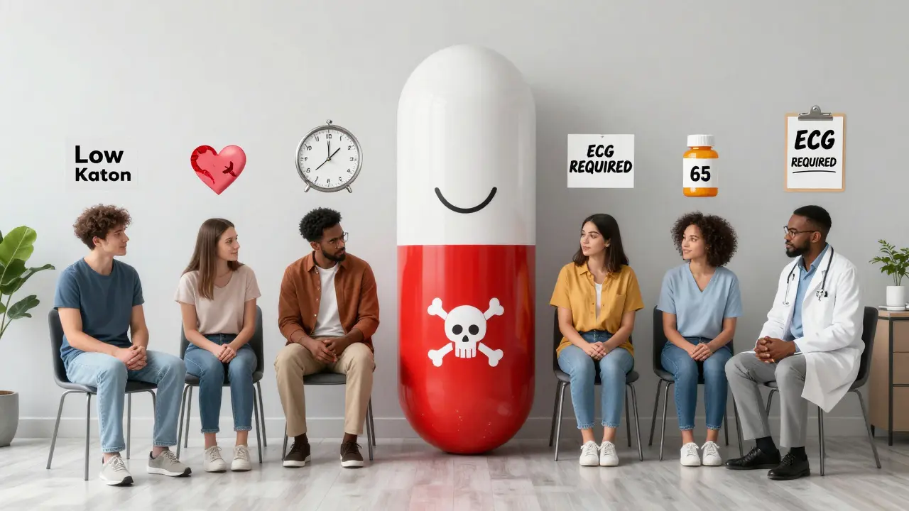 A diverse group of patients in a waiting room with risk factors floating above them, overshadowed by a warning-labeled hydroxyzine pill.