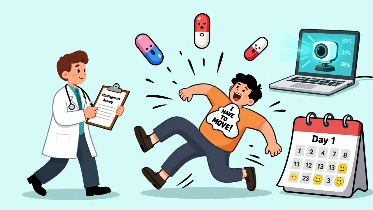 A doctor misdiagnosing restlessness as anxiety while superhero pills descend to treat it, with an AI camera detecting movements accurately.