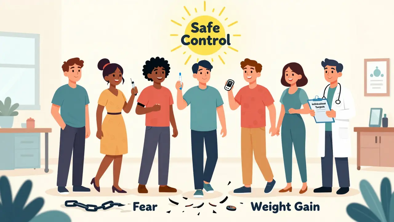 A group of people in a clinic surrounded by tools for safer diabetes management, with broken chains of fear and weight gain.