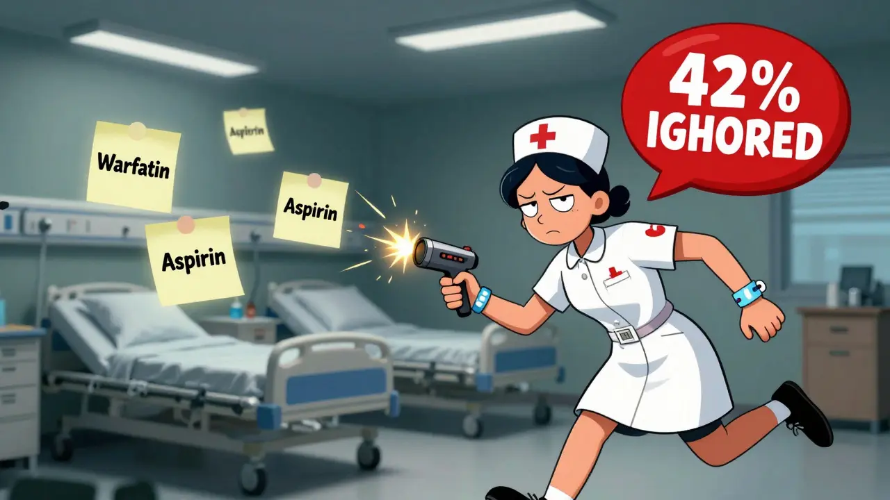 A hospital nurse scanning multiple medications at once while error alerts flash around her.