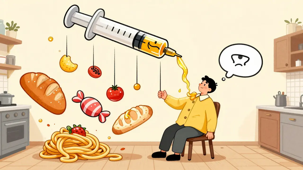 A person overwhelmed by floating food items as insulin syrup causes their clothes to shrink, symbolizing weight gain.