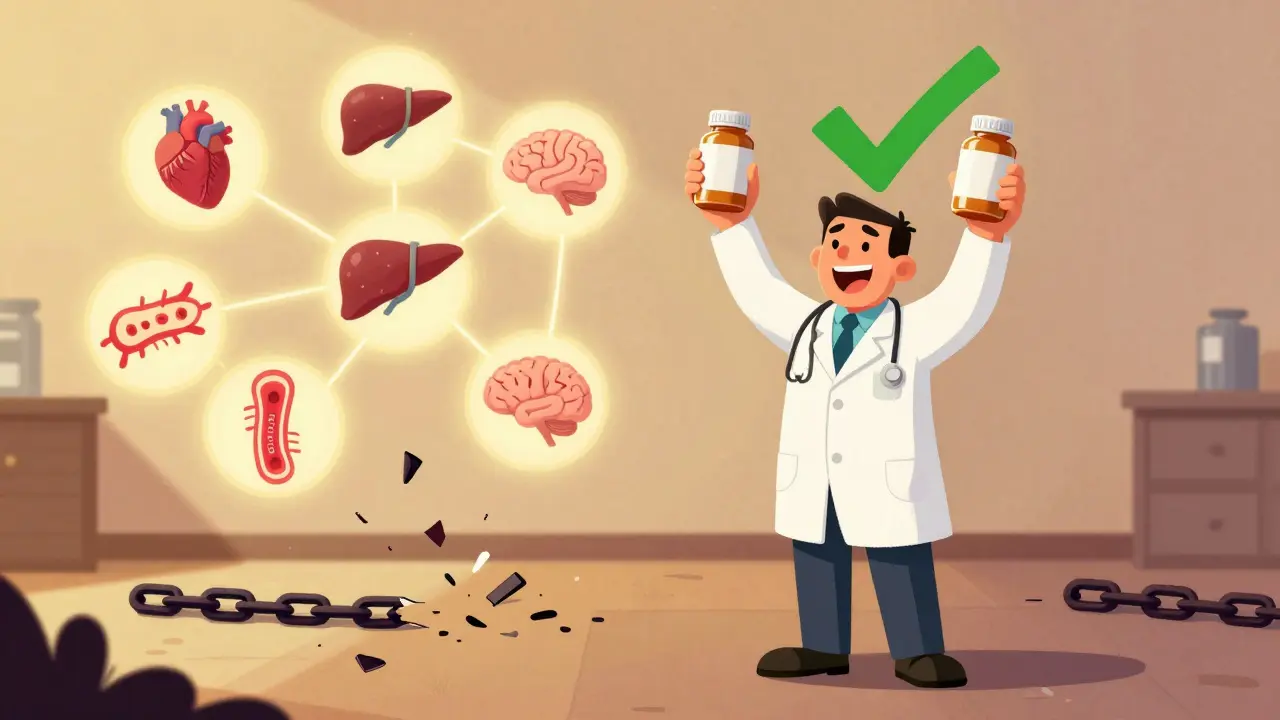 Patient and doctor celebrate with supplement bottles as medical icons glow safely connected.