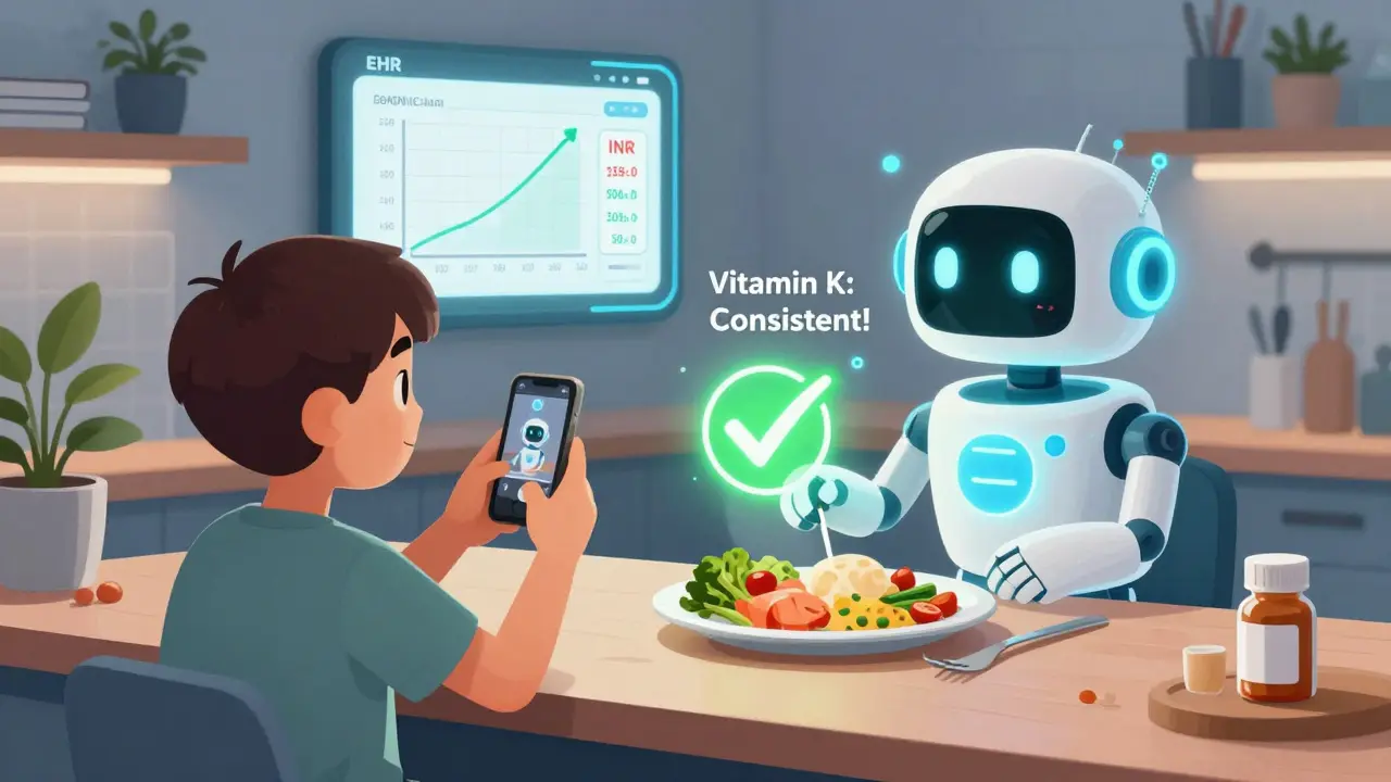 Person taking photo of meal as AI hologram confirms consistent vitamin K intake, with EHR screen showing INR correlation.