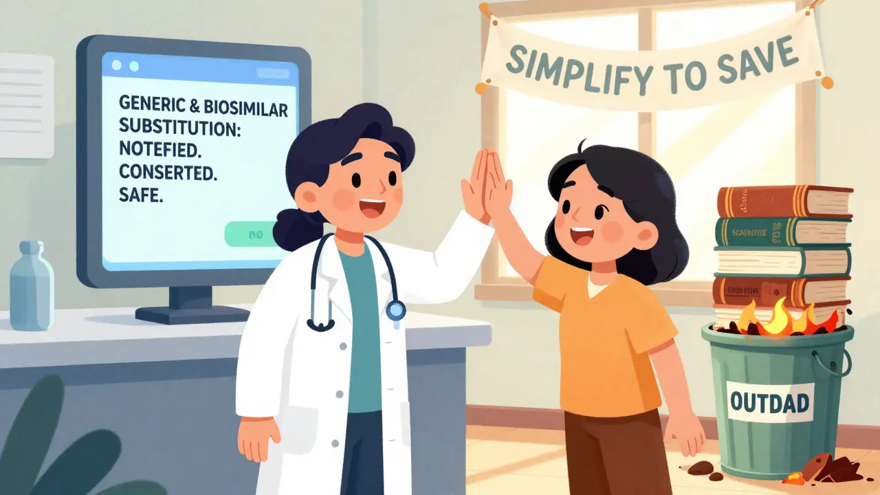 Pharmacist and patient high-five as outdated state law books burn, unified national rule displayed on screen.