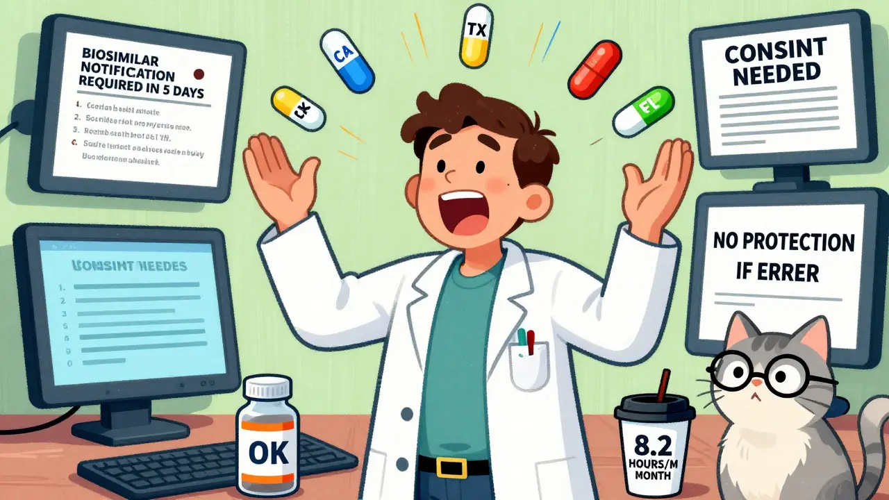 Pharmacist juggling state-specific medication rules on multiple screens, chaotic background with coffee cup.