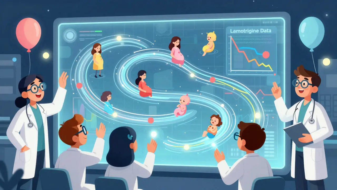 Scientists analyzing colorful data streams of pregnancies on a screen, with floating charts showing reduced birth defects.