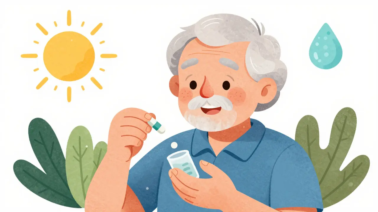 Senior happily taking medication with wellness symbols.
