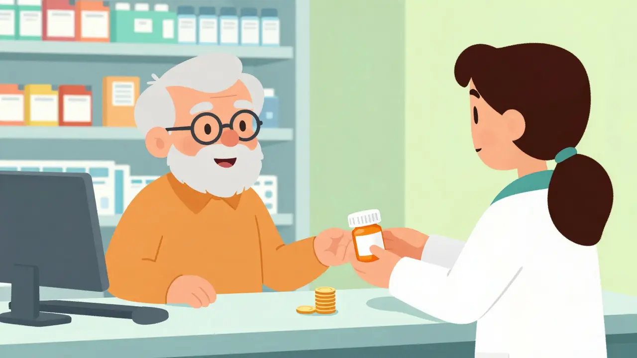 Senior paying minimal cost for prescription at pharmacy.