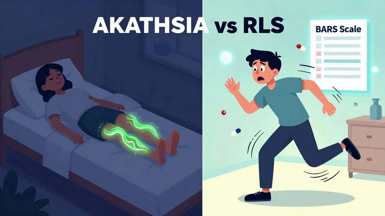Side-by-side comparison of someone with restless legs at night versus someone with akathisia pacing in panic, with medical symbols floating nearby.
