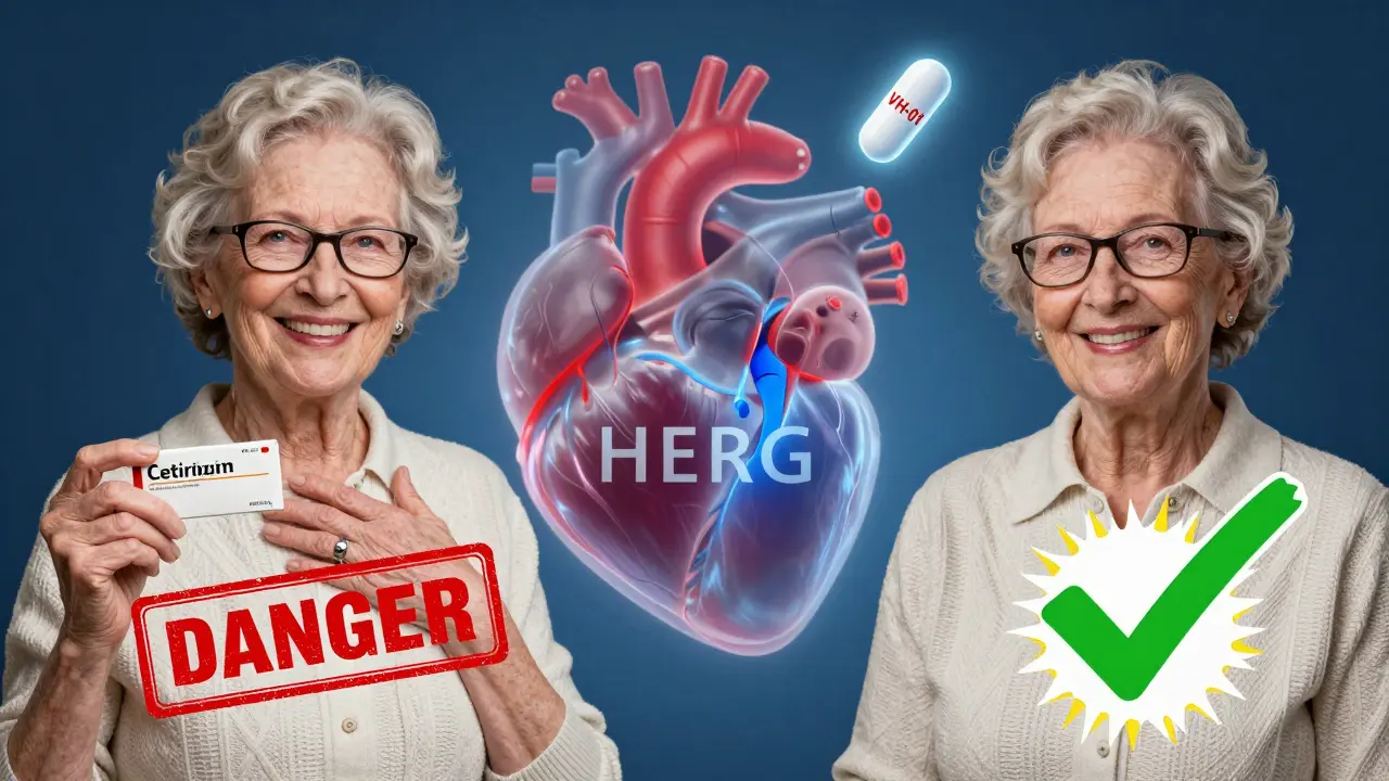 Split illustration: one side shows danger from hydroxyzine, the other safety with cetirizine, with a transparent heart showing hERG channels.