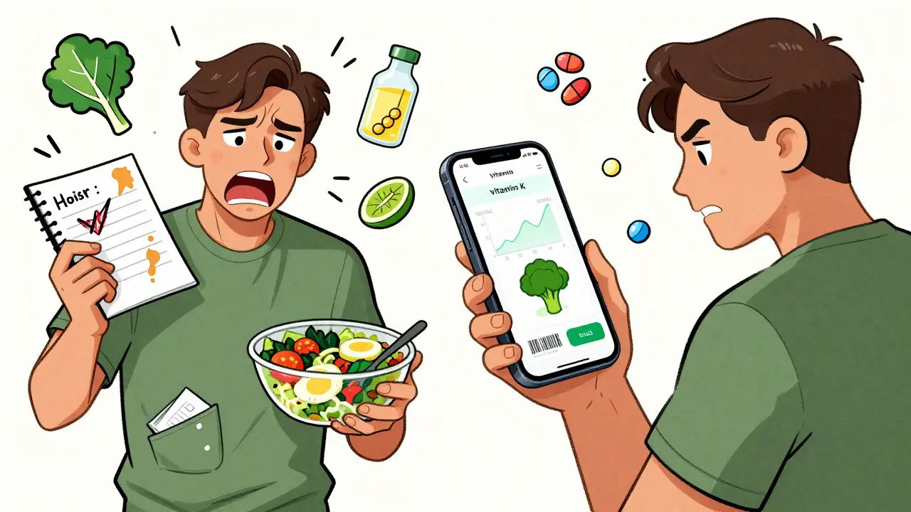 Split scene: man struggling with soggy paper diary vs. using a vitamin K tracker app on smartphone with stable graph.