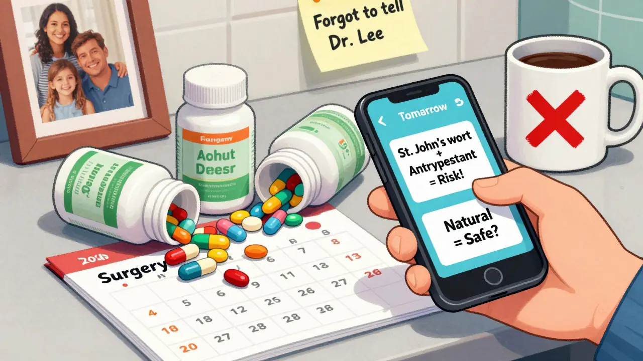 Supplement bottles spill on a calendar before surgery, with warning icons nearby.