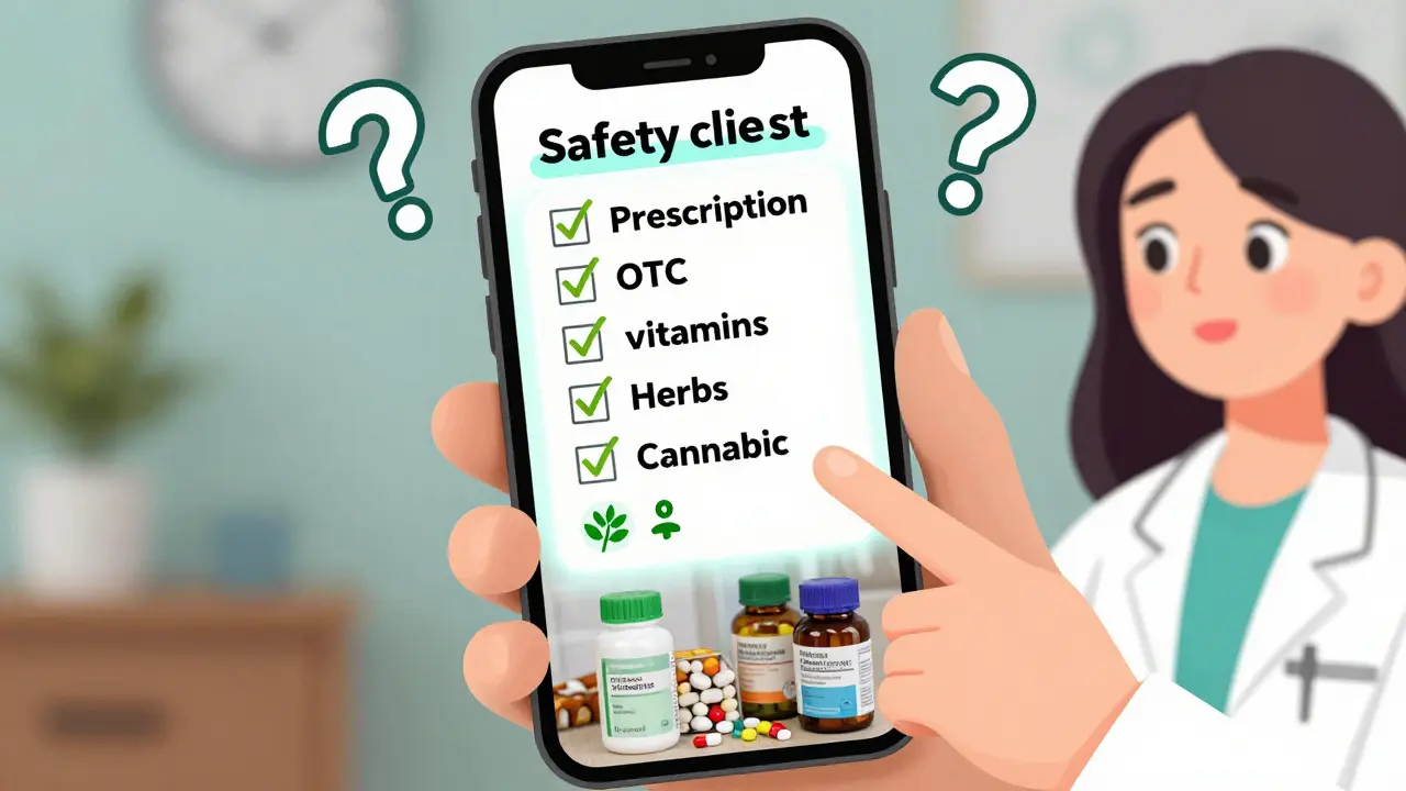 Woman showing pill bottles on her phone to her doctor during a prenatal visit.