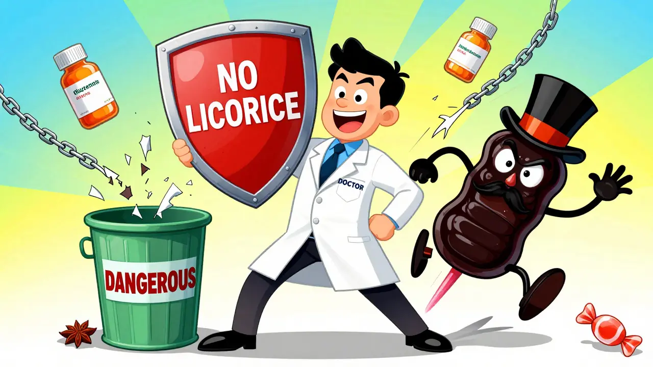 A doctor defeats a villainous licorice stick with a 'NO LICORICE' shield, while medications break free from chains.
