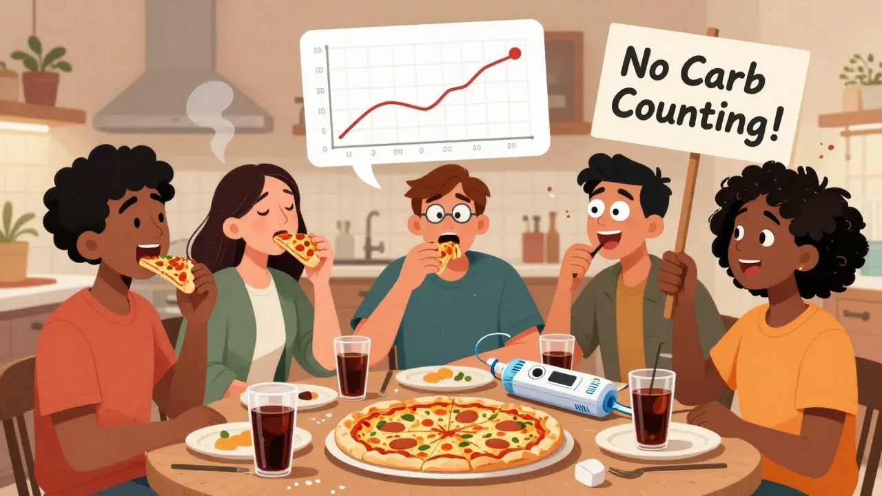 A group enjoys pizza as an animated insulin pump automatically delivers the right dose without carb counting.