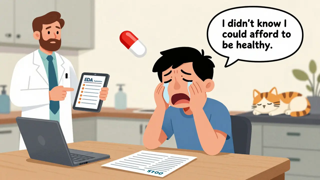 A patient cries happy tears as their medication cost drops from 0 to , with a superhero pill and pharmacist nearby, symbolizing affordability and trust.