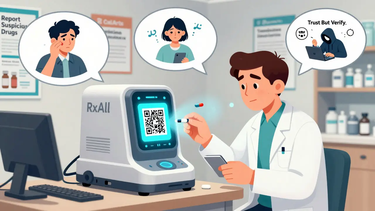 A pharmacist scanning a pill with a QR code projecting a safety video, while fake drug ads float in thought bubbles.