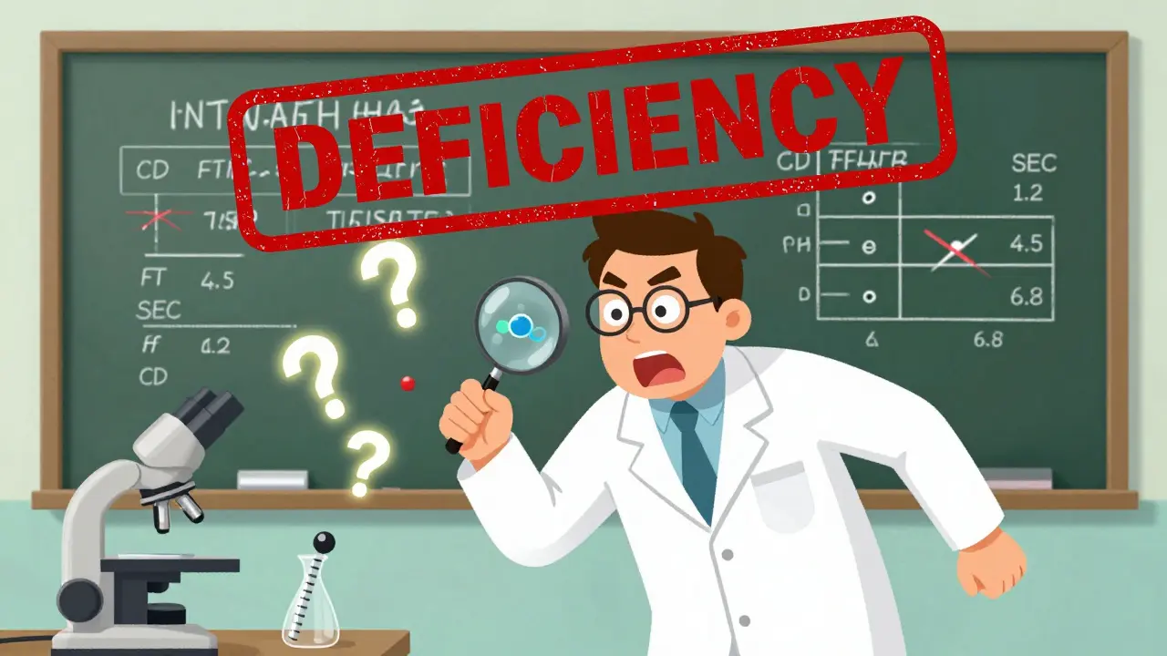 A scientist examining a peptide with spectroscopy tools as a red deficiency stamp looms above.