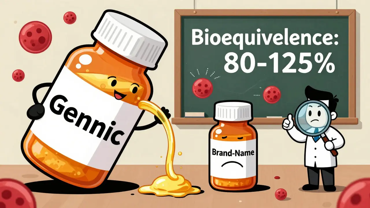 A smiling generic pill bottle pours golden medicine into a bloodstream while an FDA inspector approves it, with bioequivalence numbers shown on a chalkboard.