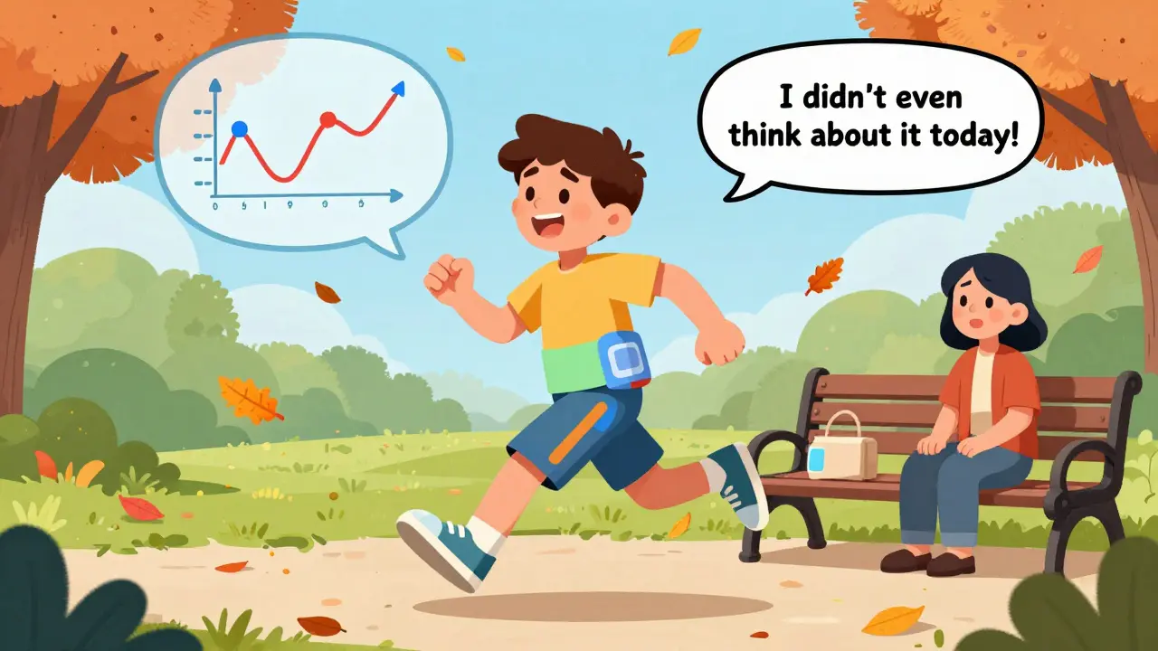 A teen runs in a park with a wearable insulin patch, while a glowing algorithm adjusts insulin without manual input.