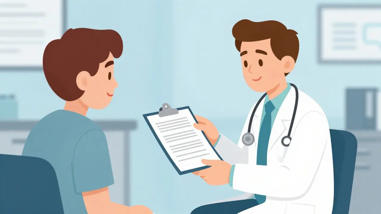 Doctor reviewing a health document with a patient seated.