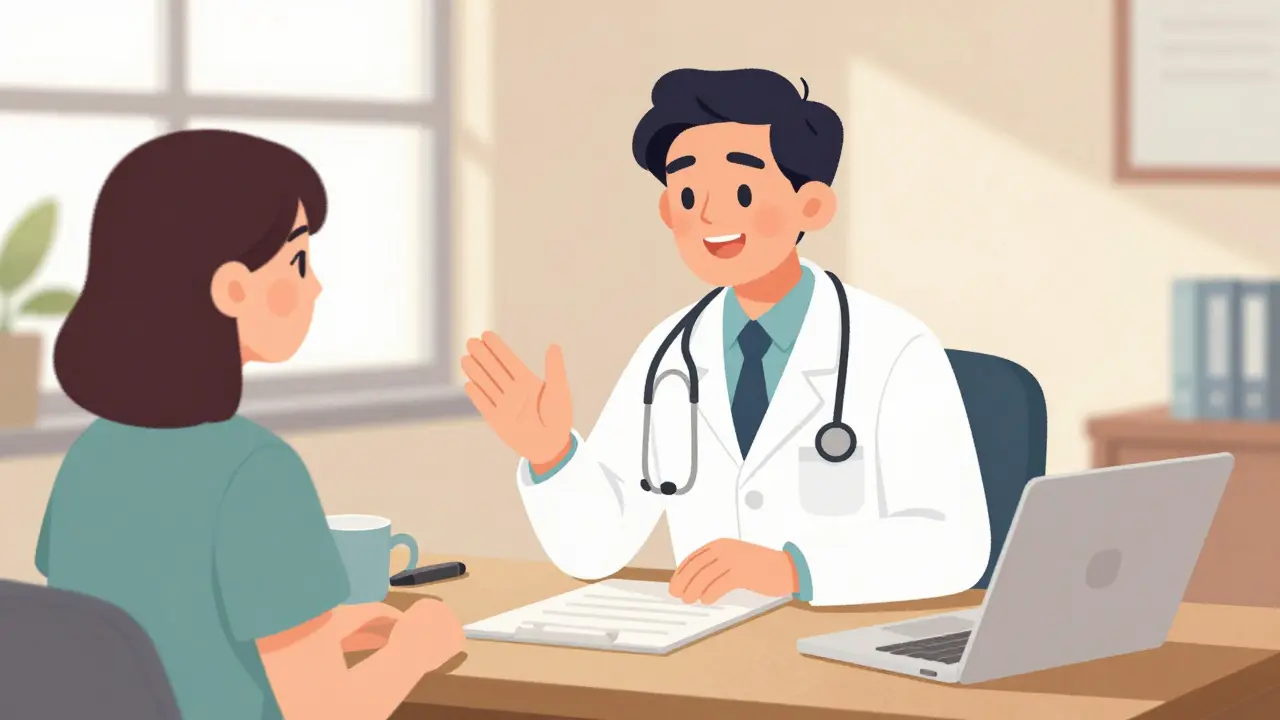 Doctor sitting across from a patient giving advice in a sunny office.